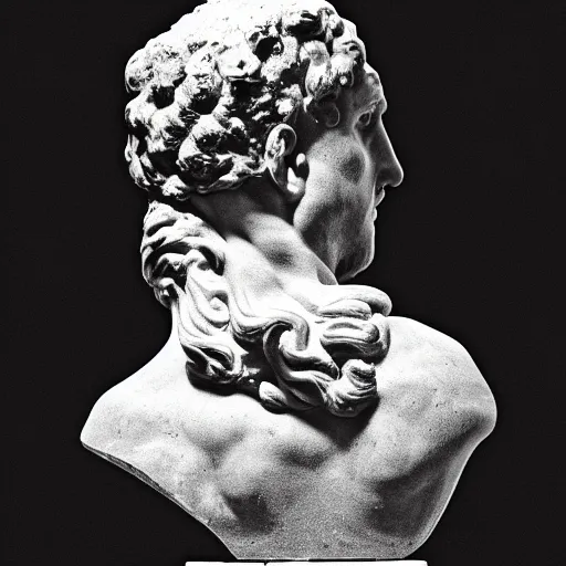 Image similar to an ancient Roman bust engulfed in flames in a pitch black room, high contrast, black, realistic