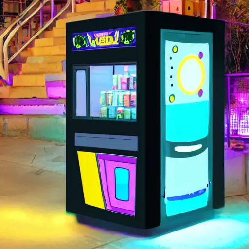 Prompt: friendly robot vending machine with pastel led lights made of cheap materials selling cheap junk food in a city comprised of light matter, set in the distant future, plants, light prisms, rainbow diffraction, steampunk, cyberpunk, robots, warm lights, anime, vhs distortion, art style mimics starlight brigade by game grumps