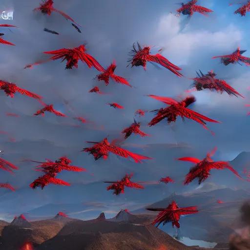 Prompt: thousand dragons flying in formation. they're black red and have a yellow accent color. ready for battle. cinematic, unreal engine 5, live-action,