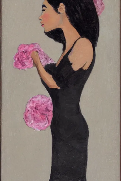 Image similar to a portrait of a beautiful woman that has a black hair, tan skin and is wearing a beautiful black and pink dress