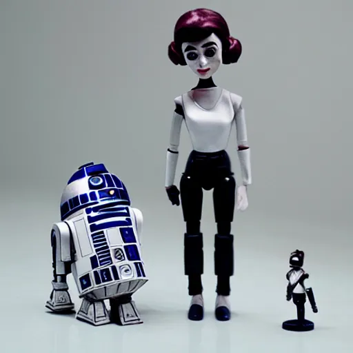 Image similar to audrey hepburn cos play r 2 d 2, stop motion vinyl action figure, plastic, toy, butcher billy style