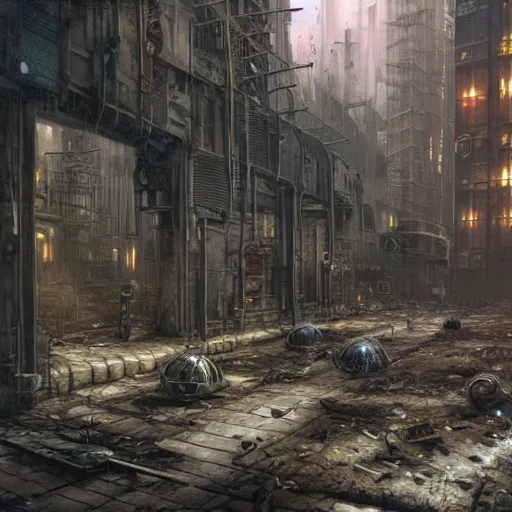 Image similar to photorealistic color image of 1970s science fiction Dark Souls concept art of abandoned cyberpunk underground city by, Bruegel, and Giger