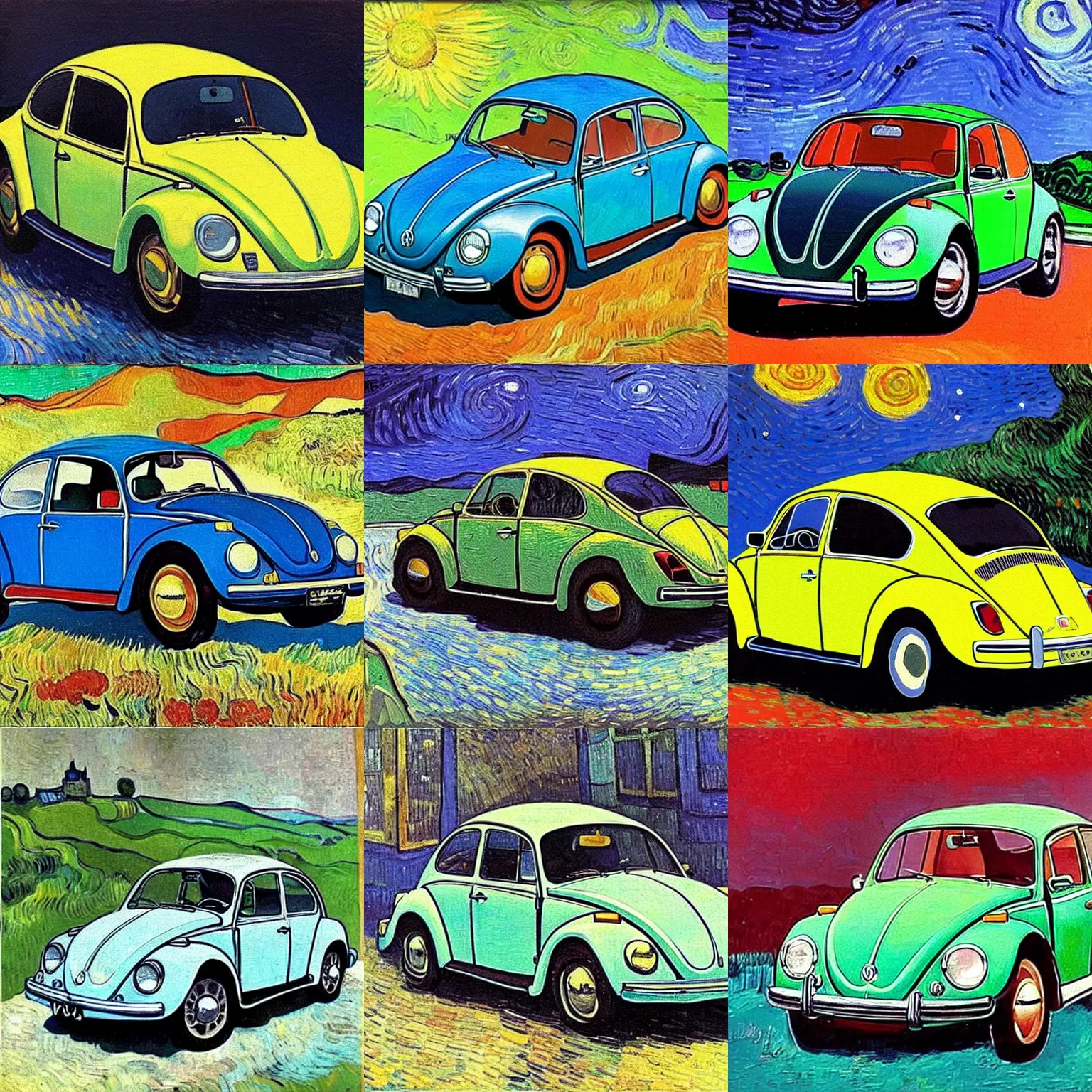 Prompt: painting of a 1970 vw beetle painted by vincent van gogh