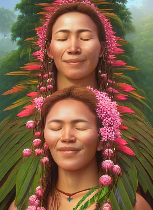 Image similar to a beautiful portrait of a smiling indigenous woman with eyes closed in the amazon jungle surrounded by pink calliandra angustifolia flowers, matte painting, by christophe vacher