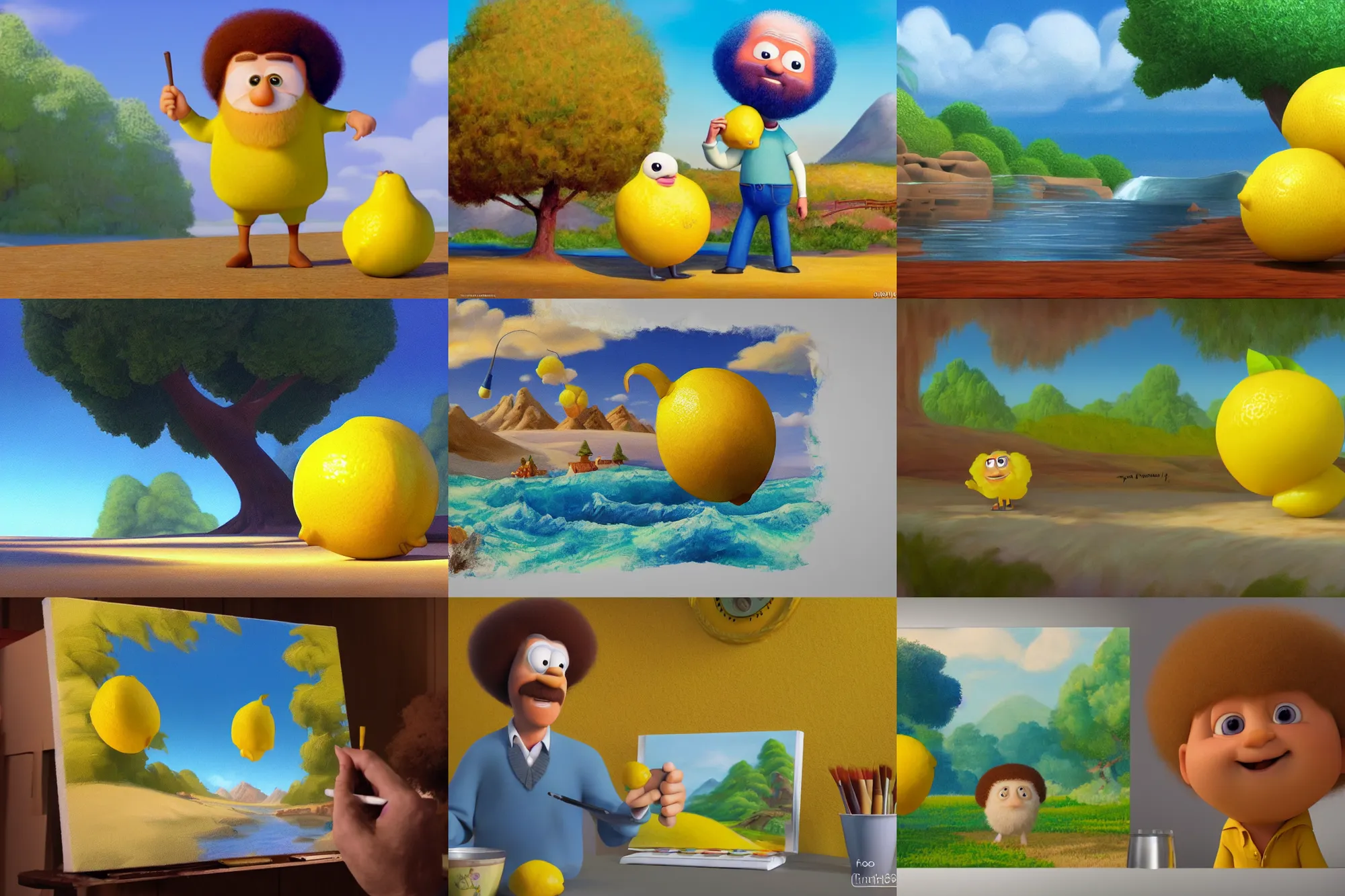 Prompt: a Lemon painting Bob Ross as seen in Pixar's Up (2009), 3d, pixar, animation, UHD, 4k, Disney,