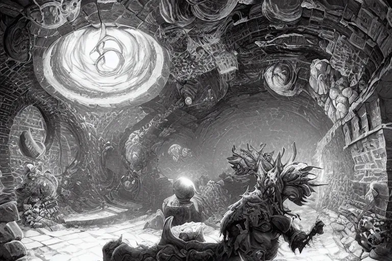 Image similar to black and white one point perspective labyrinth dungeon cozy fantasy dungeon boss encounter view with gigantic orb in the middle of the room by artgerm and Craig Mullins, James Jean, Andrey Ryabovichev, Mark Simonetti and Peter Morbacher 16k