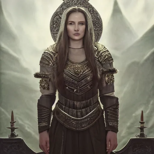 Image similar to the elder scrolls vi, charismatic regal humble brunette female jarl, portrait, throne room, atmospheric lighting, painted, intricate, volumetric lighting, beautiful, daytime, sunny weather, slight overcast, sharp focus, deep colours, ultra detailed, by leesha hannigan, ross tran, thierry doizon, kai carpenter, ignacio fernandez rios