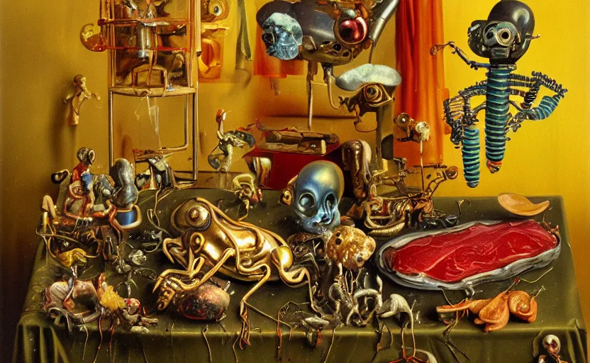 Image similar to strange robot body, disturbing colorful oil painting dutch golden age vanitas still life sparse composition with bizarre objects strange gooey transparent surfaces shiny metal reflections bizarre mutant meat insects rachel ruysch dali todd schorr very detailed perfect composition rule of thirds masterpiece canon 5 0 mm, cinematic lighting, photography, retro, film, kodachrome