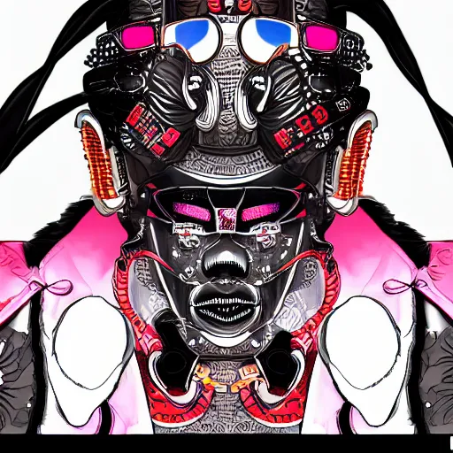 Prompt: a detailed portrait of a fashionable japanese demon wearing a cyberpunk bosozoku outfit the style of william blake and norman rockwell, kubrick, neon color scheme, crisp, artstationhd