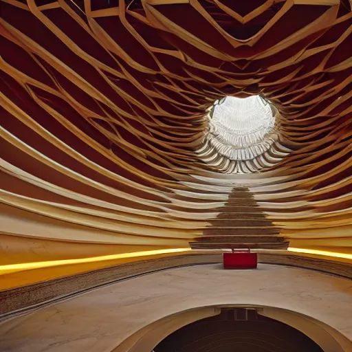 Prompt: interior foyer and staircase of a futuristic lotus temple with gold, red and white marble panels, in the desert, by buckminster fuller and syd mead, intricate contemporary architecture, photo journalism, photography, cinematic, national geographic photoshoot