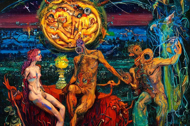 Image similar to expressionism painting of two lovers, channeling third eye energy, surrounded by a background of dark cyber mystic garden of earthly delights, midnight hour, painted part by francis bacon, part by josan gonzales, part by dan mumford, part by norman rockwell, part by gustave moreau, artstation, 4K, highly detailed,