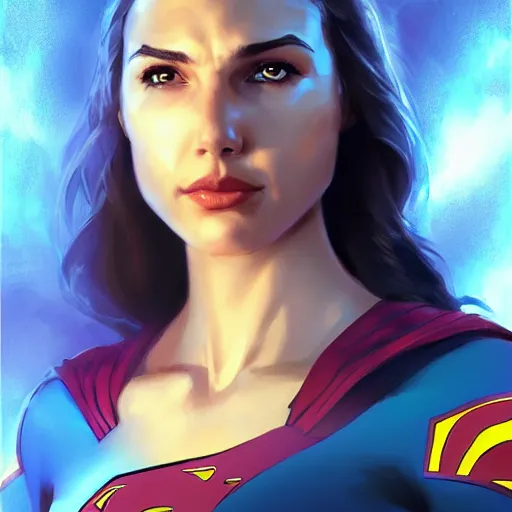 Image similar to a potrait of face of gal gadot as Supergirl from Kryptonian by Stanley Artgerm Lau, WLOP, Rossdraws, James Jean, Andrei Riabovitchev, Marc Simonetti, Yoshitaka Amano, ArtStation, CGSociety, Full body shot