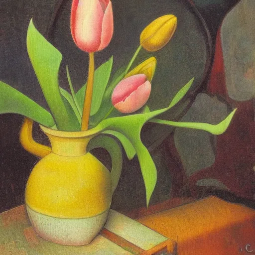 Prompt: Potted Tulip still life, matte painting, in the style of Wood Tankard and Metal Pitcher by Paul Gaugin