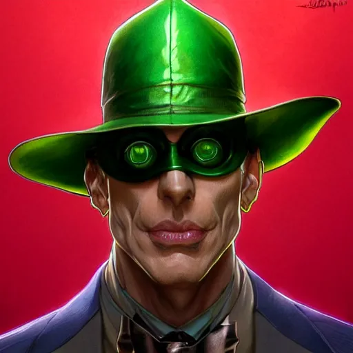 Image similar to the riddler closeup, d & d, intricate, elegant, highly detailed, digital painting, artstation, concept art, matte, sharp focus, illustration, art by artgerm and greg rutkowski and alphonse mucha