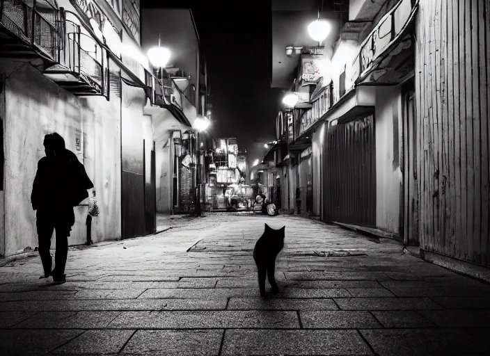 Image similar to photography of a Cat carrying a backpack . in a cyberpunk street. award winning photo, led lighting, night, 24mm, sharp, high res