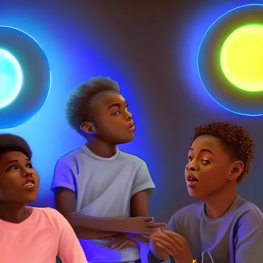 Prompt: black boys and black girls watching a hologram and glowing orbs in a futuristic classroom by justin bua, digital illustration, Trending on artstation. 8k