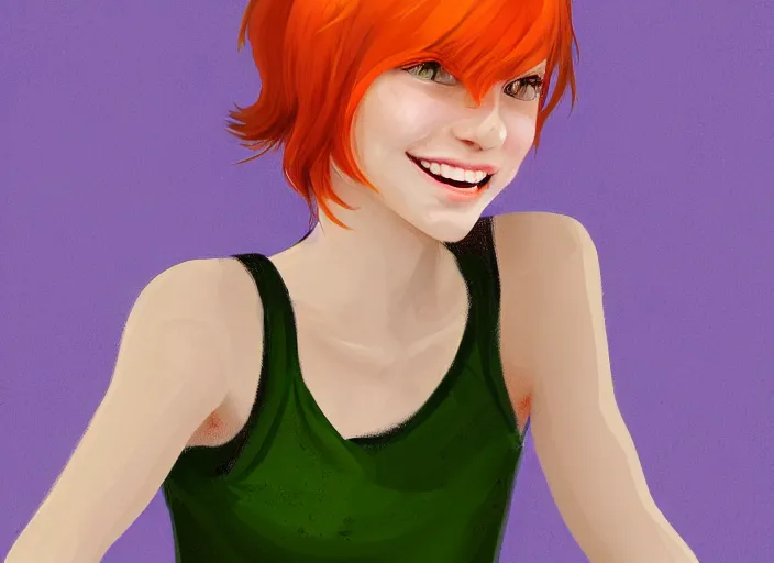 Image similar to portrait of a beautiful smiling girl with orange hair and freckles, green eyes, style by Gretel Lusky, artstation, concept art, background is purple