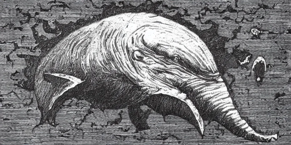 Image similar to pencil etching of a monstrous horrifying whale, its body is rotting