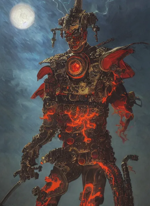 Image similar to portrait of a diabolical cyborg clown samurai armed with flamethrougher, torn cape, dynamic pose, glowing eyes, ancient ruins, glowing veins subsurface scattering, in clouds, sunset, portrait, by gerald brom, by mikhail vrubel, by peter elson, muted colors, extreme detail, reflections, trending on artstation, 8 k