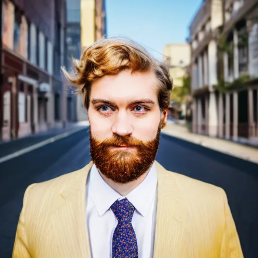 Prompt: face close up portrait photograph of a very tall, elegantly dressed, young, bearded, golden haired, pale white businessman walking through the city