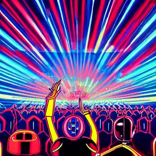 Image similar to painting of Daft Punk dancing on the stage in front of the crowd, colorful lights, illustration, artistic, hyper detailed,