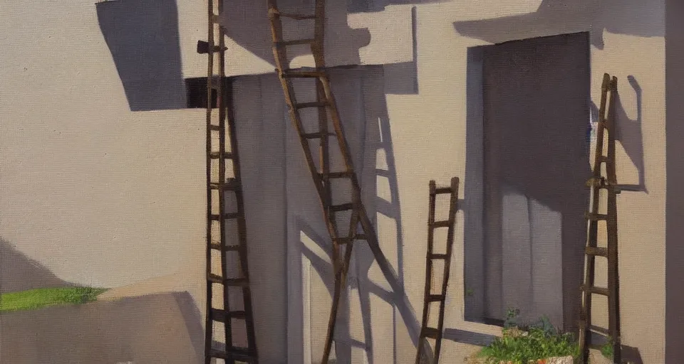 Image similar to a ladder leaning up against the side of a house, beautiful painting, oil on canvas, by ewa czarniecka, award winning masterpiece,