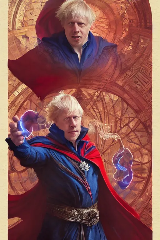 Prompt: Boris Johnson as Dr. Strange, highly detailed character in digital fantasy, painted portrait, artstation, concept art, hard focus, illustrations, works by Artgerm and Greg Rutkowski, Alphonse Mucha and Craig Mullins, James Gene, Andrey Ryabovichev, Mark Simonetti and Peter Morbacher, 16 thousand