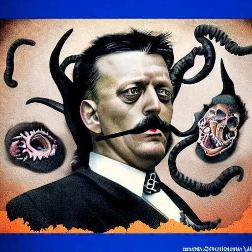 Image similar to igor ivanovich strelkov became an aggressive lovecraftian degenerate calling for total mobilization, photo - realistic, color image, 2 k, highly detailed, bodyhorror, occult art
