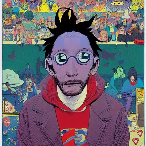 Image similar to a powerful psychic guy emitting psychic powers, by hikari shimoda, by jamie hewlett, by moebius,