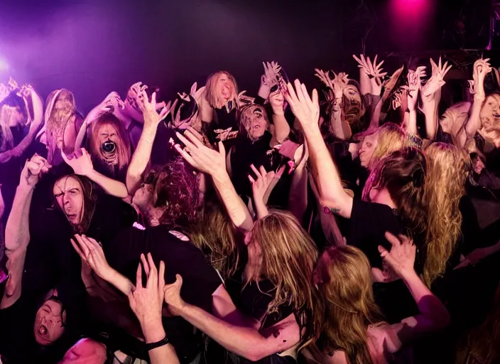 Prompt: publicity photo still of martha stewart in a death metal band in the mosh pit, 8 k, live concert lighting, mid shot