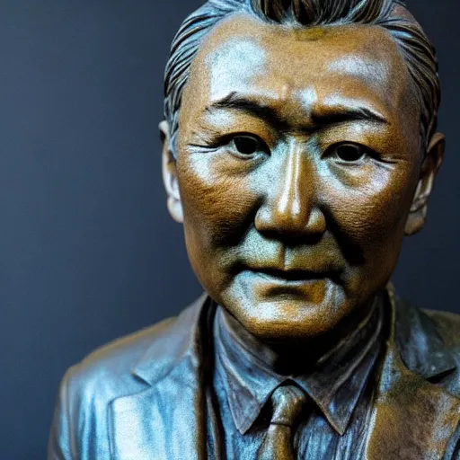 Prompt: close up shot of an old bronze patina statue of takeshi kitano in a museum