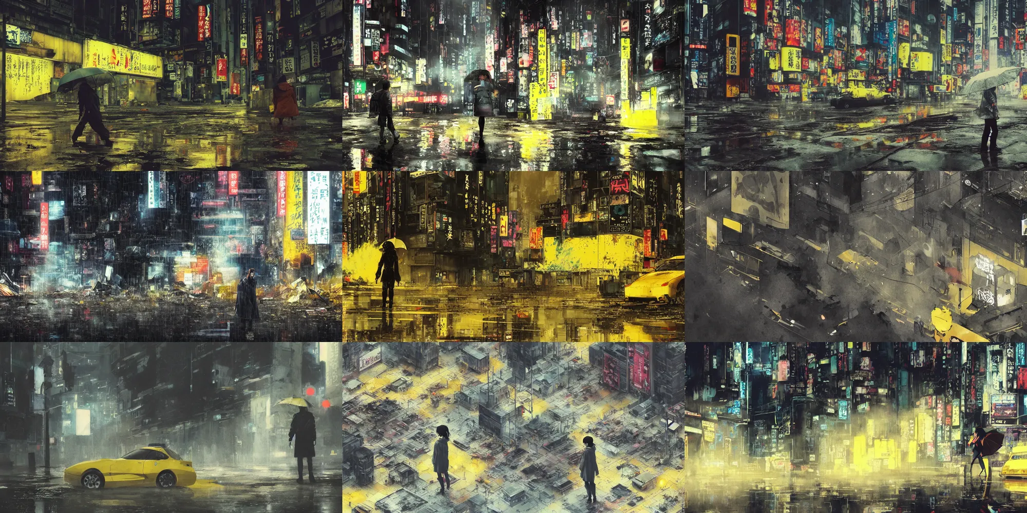 Prompt: incredible wide screenshot, ultrawide, simple water color, paper texture, katsuhiro otomo ghost in the shell movie scene, backlit shot girl in parka, wet dark road, parasol in deserted trash pile night shinjuku, broke machines, bold graffiti, black road, reflection puddles, volumetric light, fog!, dark vignette, bonfire! yellow