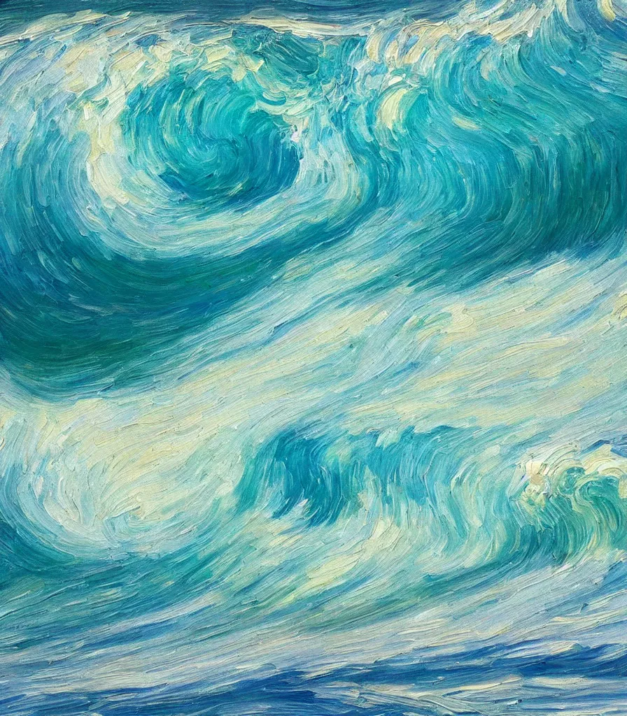 Image similar to an impasto oil painting from the inside of a barreling wave, traidic color scheme, blue and cyan colors, high detail, breathtaking wave, impressionism