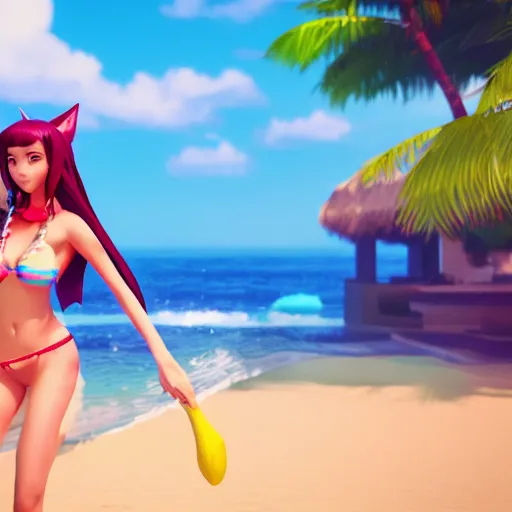 Prompt: beautiful render of pool party Ahri (wild rift) looking at the horizon in a hawaii beach, 3d, octane render, realistic, highly detailed, trending on artstation