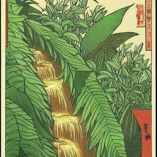 Prompt: fantasy scientific botanical trading card illustration of a green leafy plant that grows like a waterfall ,Ukiyo-e, isometric view, diego rivera