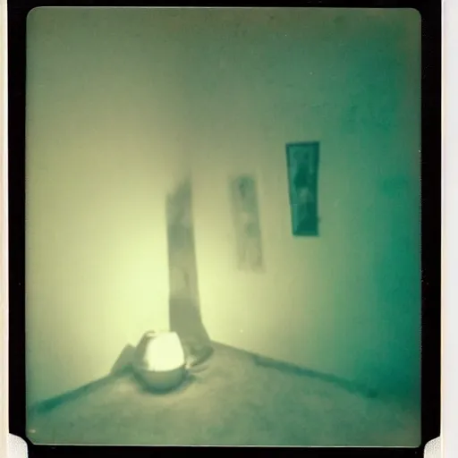 Image similar to coloured atmospheric polaroid photo of a with transparent ghostly banshee corpse body floating in old living room lighted with flashlight interior