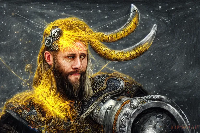 Prompt: mythological viking odin Shaman of artificial intelligence creating an artificial neural network with yellow synapses on an anvil, high resolution, award winning art, trending on art station, sharp image, incredibly detailed, detailed character realistic painting,