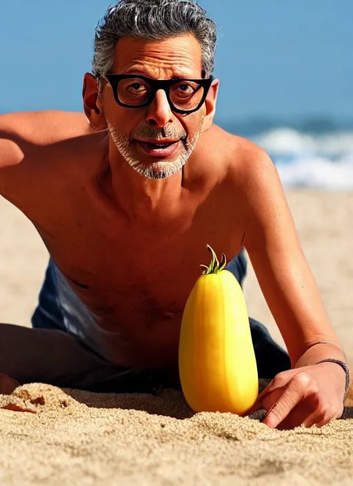 Image similar to jeff goldblum as a banana tomato on the sand of a beach