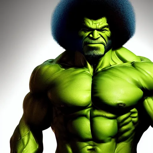 Image similar to photomanipulation of BOB ROSS as hulk, marvel, fully detailed, volumetric lightening, octane render