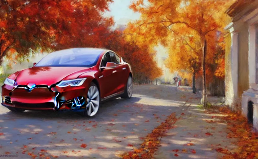 Image similar to new tesla model s on an autumn street by vladimir volegov