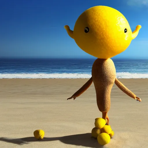 Image similar to a lemon in shape of a human with legs of lemons and round body, arms of lemons, it's relaxing on a beach, volumetric light