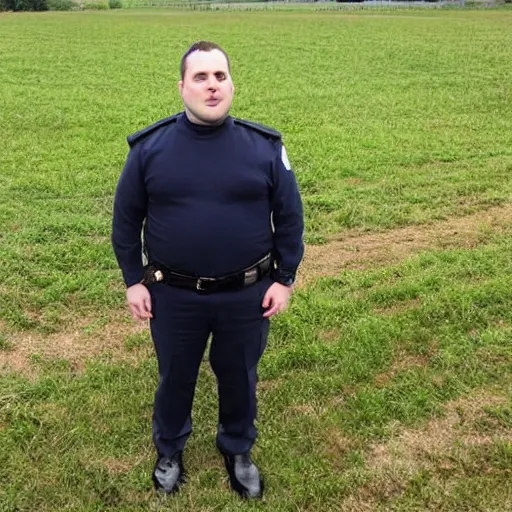Prompt: clean - shaven chubby chubby chubby 3 2 year old caucasian man from uk. he is wearing navy police sweater and necktie and black boots and police helmet. he is standing in a field.