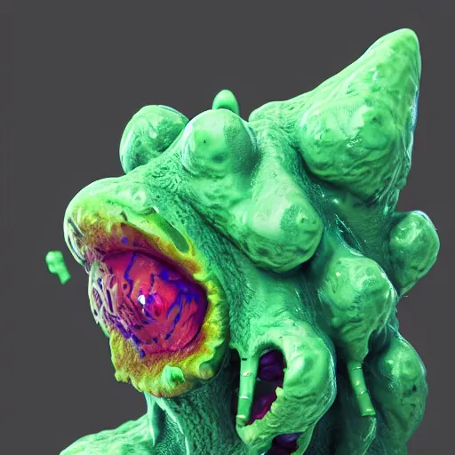 Image similar to slime monster made of Mucus, snot, pus, hair, ighly detailed, 3d, octane render, bright colors, digital painting, trending on artstation, sharp focus