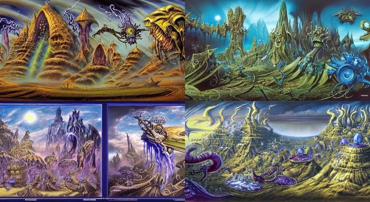 Prompt: bizarre infographic, style of Rodney Matthews, sapphire style, stunning, experimental . Highly detailed, photographic, cinematic, dramatic, sublime, establishing shot.