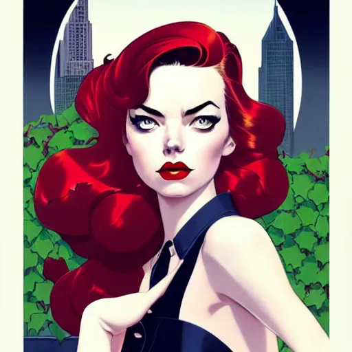 Image similar to joshua middleton, phil noto, artgerm, 1 9 5 0 s rockabilly emma stone poison ivy dc comics, pompadour, vines, symmetrical eyes, city rooftop