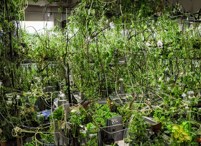 Image similar to tangled wires in a laboratory overgrown with plants