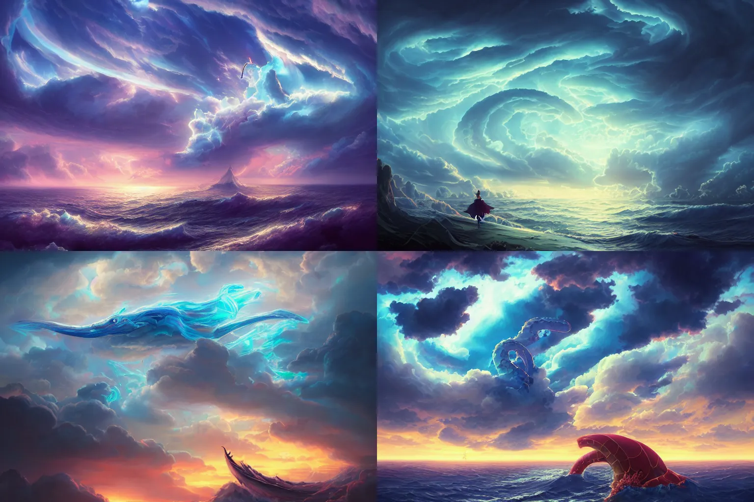 Prompt: sea serpent beneath a stormy sky, peter mohrbacher, sunset, with blue light piercing through clouds, makoto shinkai, royal blue colors, lighting refraction, volumetric lighting, pixiv art, highly detailed, anime art, symmetrical, wlop