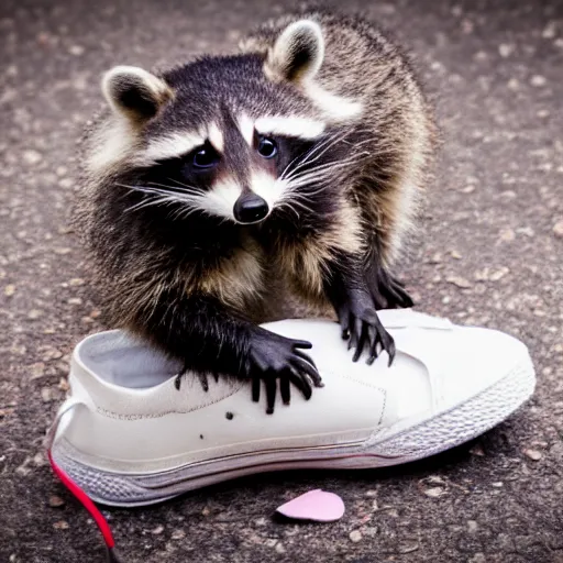 Image similar to a cute baby raccoon playing with a white sneaker shoe, strings undone, 5 0 mm f 1. 4, soft lighting