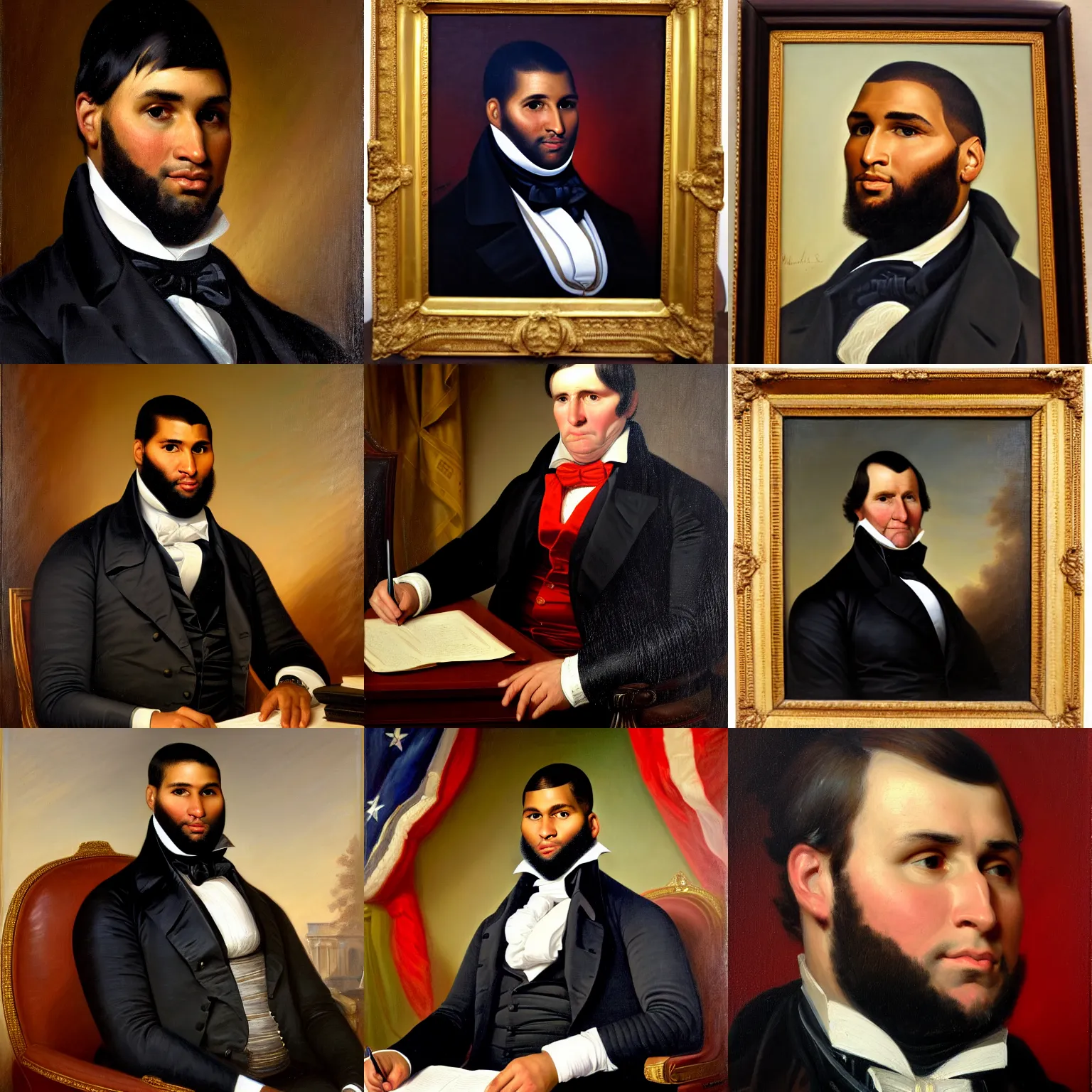 Prompt: facial portrait of united states president demarcus cousins, 1 8 3 3. sitting at the resolute desk. oil on canvas by william sidney mount. trending on artstation