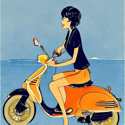 Image similar to the orange - haired vespa queen in hong kong, by amiet kuno and coby whitmore